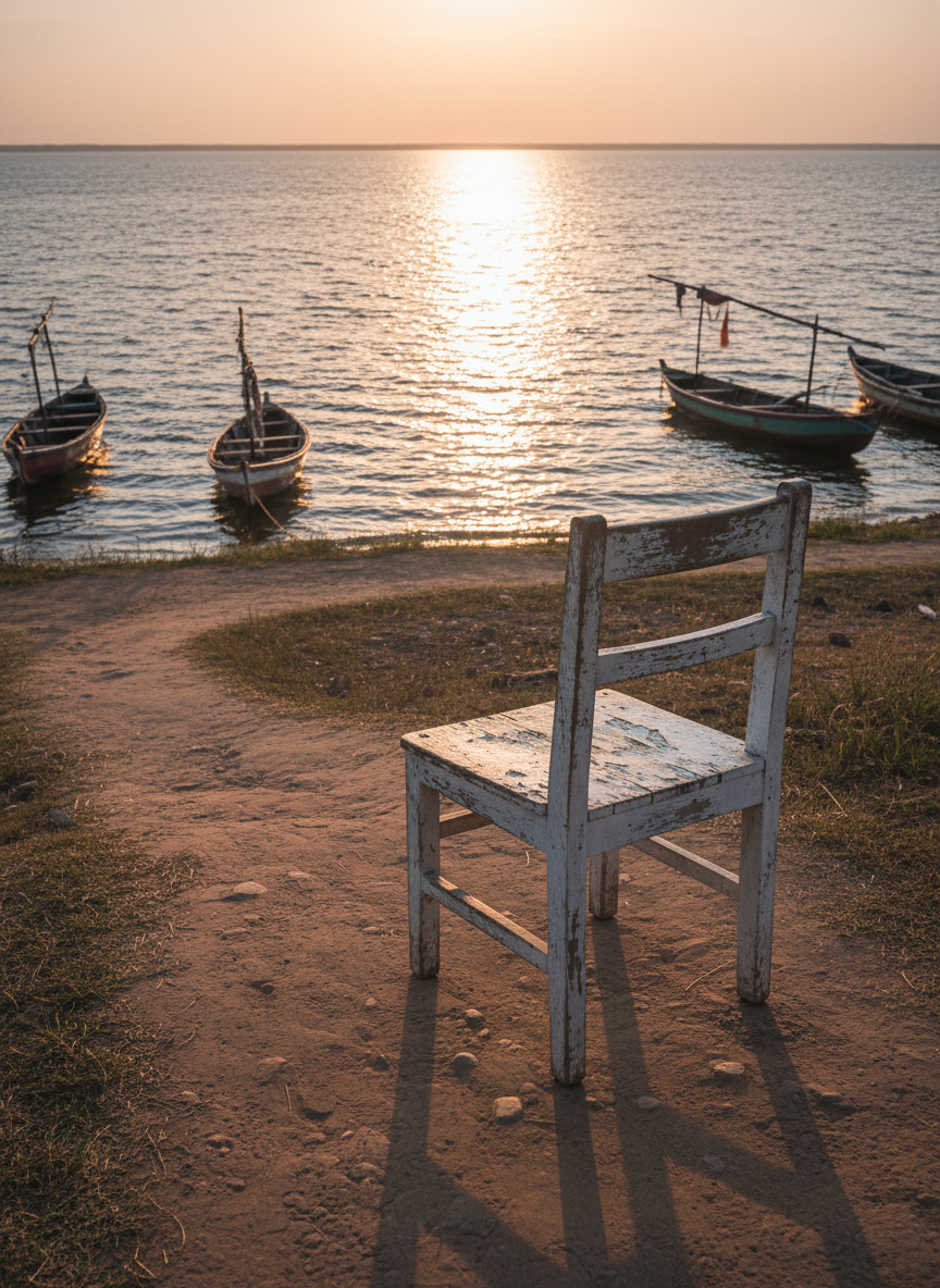 A weathered wooden chair with peeling white paint faces a vast, shimmering water horizon, evoking a quiet moment of reflection. The chair sits at the edge of a gently curving dirt path that leads down to Lake Victoria, where small wooden boats rest motionless near the shore. Soft golden hour sunlight stretches long, delicate shadows across the ground and makes the lake’s surface glow with muted blues and warm copper highlights. Photographed from slightly behind and to the side of the chair at eye level, the composition uses the rule of thirds, with the distant horizon line subtly off-center. The mood is contemplative and peaceful, echoing themes of faith, memory, and everyday grace in photographic realism.