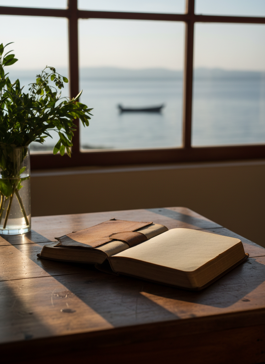 An open, well-worn leather journal lies on a simple wooden table near a wide window, its blank page illuminated by soft late-afternoon light. Beyond the glass, out of focus, stretches a tranquil view of Lake Victoria’s distant horizon, with a single anchored boat barely visible. The table surface carries faint scratches and a ceramic mug ring, suggesting years of quiet writing and reflection. Diffused sunlight casts gentle, elongated shadows from a nearby vase of green branches, adding organic texture. Shot from a slightly elevated angle with shallow depth of field, the journal’s inviting page is in sharp focus while the lake and sky blur into a calm blue-gray backdrop. The mood feels introspective, warm, and sophisticated, ideal for a contemplative faith-and-life blog in photographic realism.